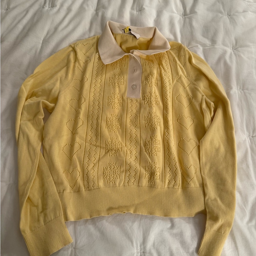 Tory Burch Yellow Collared Women's Pointelle Long Sleeve Top